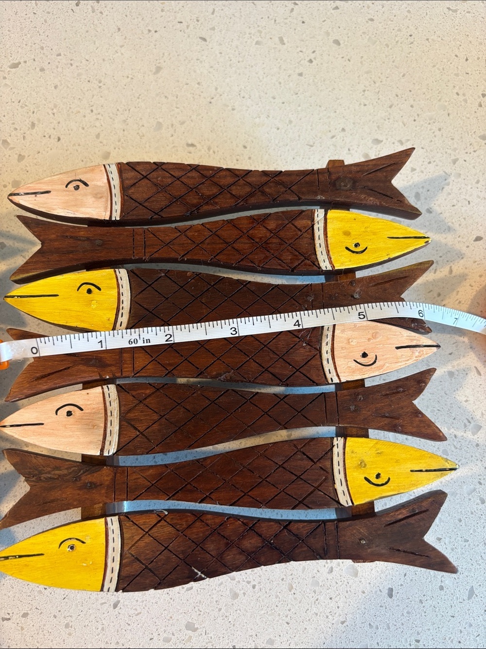 Handcrafted Wooden Fish Wall Accent or Trivots - Brown with Yellow & Pink Heads - Picture 3 of 5